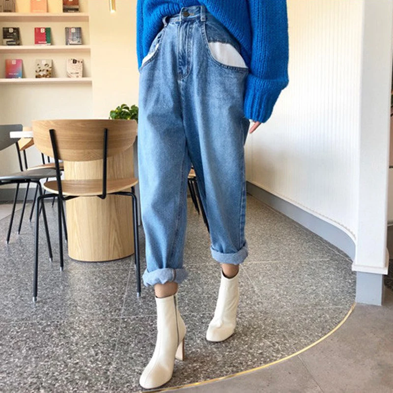 

BGTEEVER Blue Bleach Wash Distressed Rock Denim Jeans Women Big Pockets Casual High Waist Button Fly Wide Leg Pants Loose Jeans