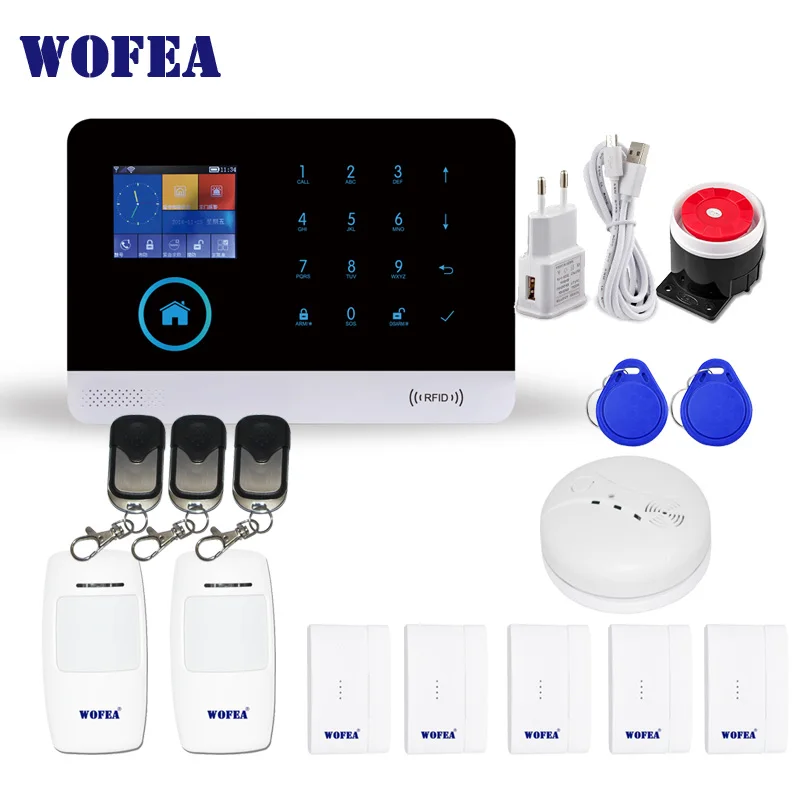 Wofea wifi GSM Беспроводная охранная сигнализация для дома бизнес приложение управление сирена RFID детектор движения PIR датчик дыма - Цвет: Коричневый