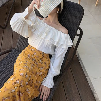 

Ladies Yellow/White Floral Thin Fabric Wrap Long Skirt for Summer