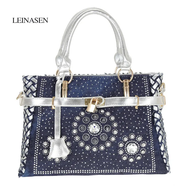 

Fashion Womens Handbag Large Oxford Shoulder Bags Patchwork Jean Style and Crystal Decoration Blue Bag luis vuiton gg bag Sac