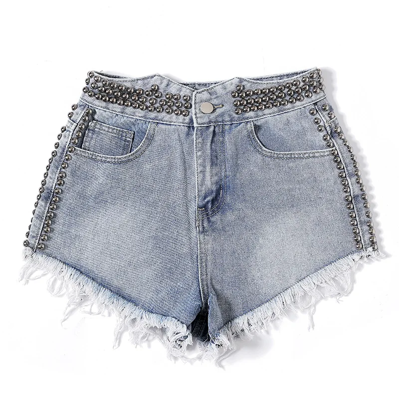 

Summer women round rivet shorts denim hot shorts female denim casual shorts High waist wide leg denim shorts for women 2019