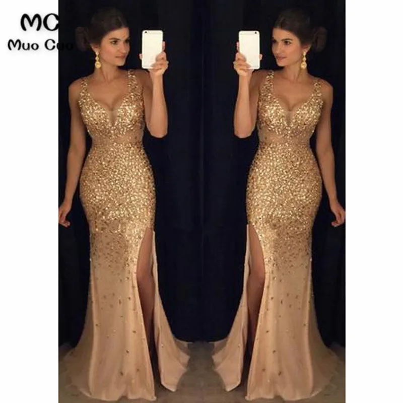 Luxurious Mermaid V-neck Sequin Gold Long Prom Dresses
