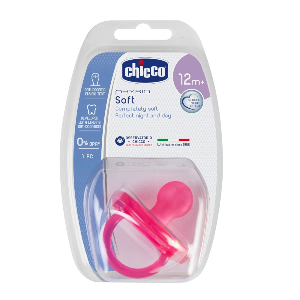 Пустышка Chicco Physio Soft, 1 шт., 12 мес.+, силикон, голубая