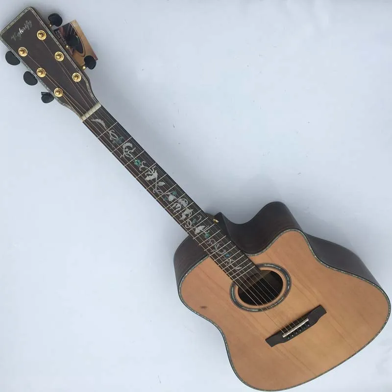 

hand-made full solid wood acoustic guitar with flower inlay