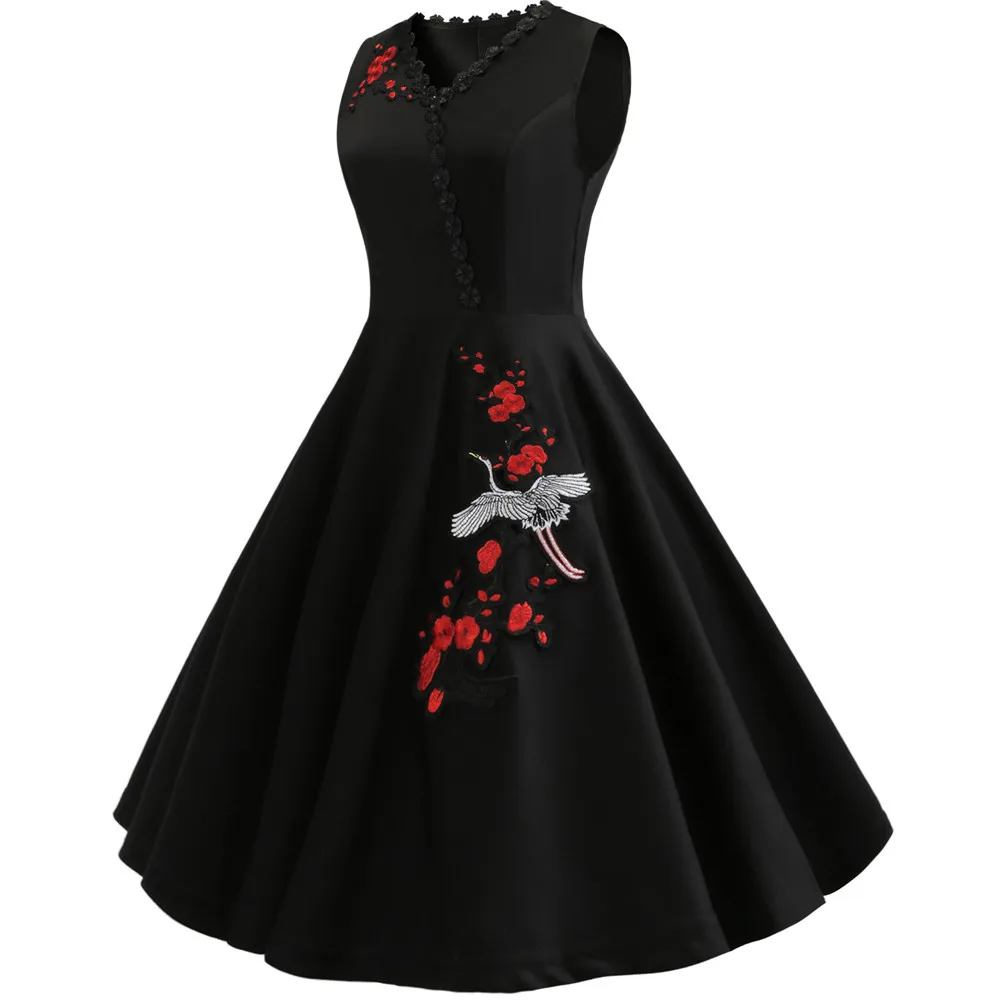 

Black Elegant Embroidered Dress V-neck Women Summer 2019 Robe Vintage 50s 60s Rockabilly Swing Party Dresses Plus Size 3XL 4XL
