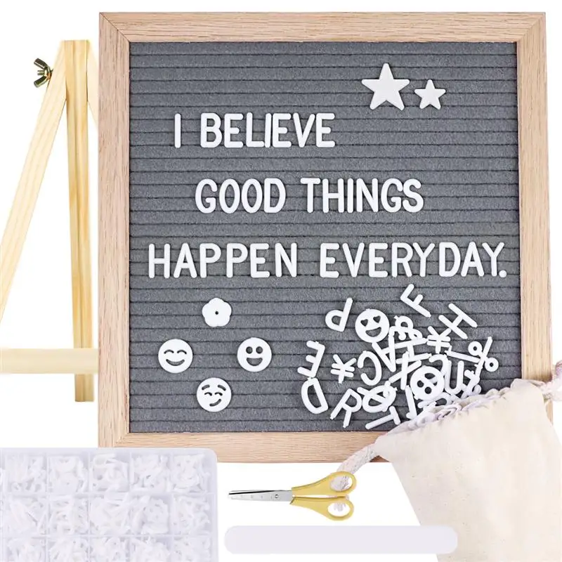 

10 Inches Grey Felt Letter Board Set With 580 Characters 1 Wood Stand 1 Storage Bag 1 Scissor 1 Nail File 1 Letter Storage Box