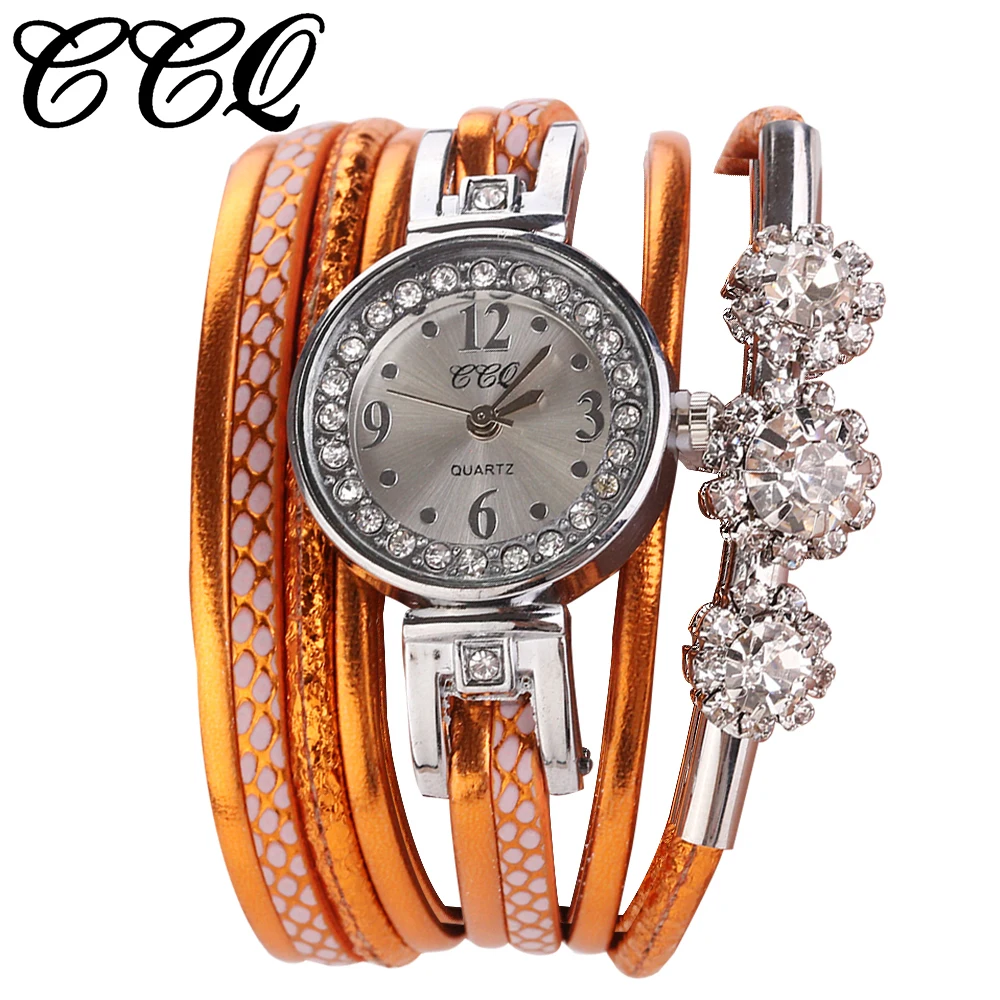 Горячие модные женские часы-браслет для роскошных кожаных серебряных кристальных часов кварцевые часы CCQ Relogio Feminino Прямая