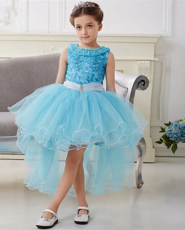 MDBRIDAL High Low Girls Pageant Dress Blue Sleeveless Tulle Kids Formal