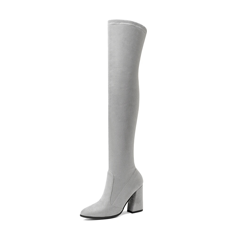 DoraTasia/ женские ботфорты выше колена, модная зимняя обувь с острым носком, элегантные Универсальные женские сапоги, размеры 34-43 - Цвет: light gary