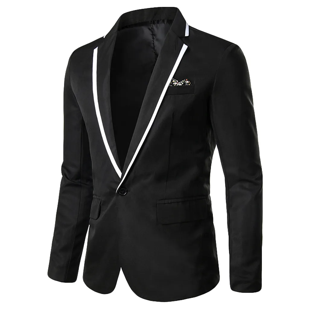 Мужской пиджак, Одноцветный, на одной пуговице, с зубчатым отворотом, приталенный, в белую полоску, с карманами, Мужской Блейзер, свадебное приталенное платье 7,8 - Цвет: BK