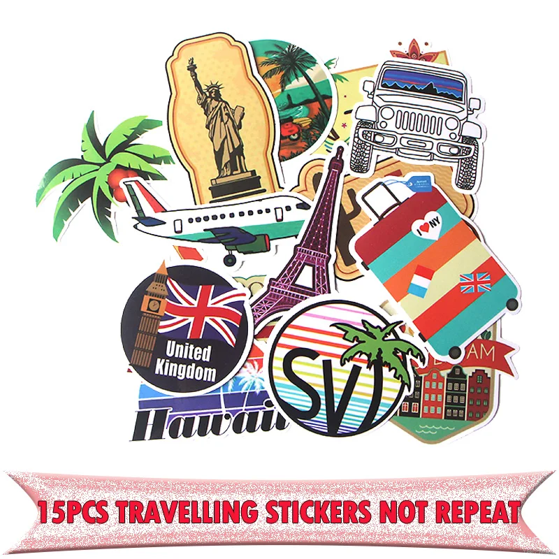 

15pcs Travelling Eiffel Tower statue of liberty vintage Laptop Decoration Styling Decals DIY scrapbooking album Stickers E0024