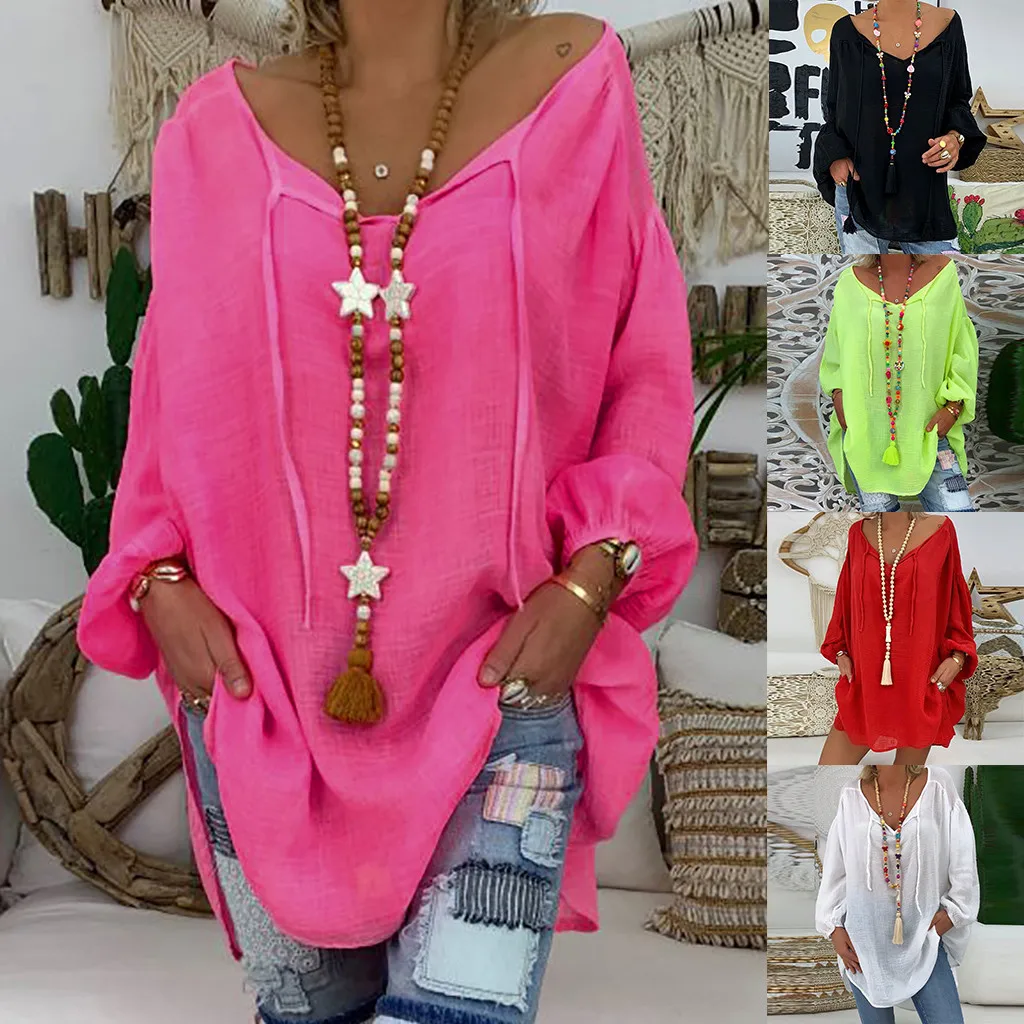 

Female fashion Loose Plus Size V-neck Pullover Tops Women Long Sleeve Solid Color V-neck Fluorescent blouse grande taille femme