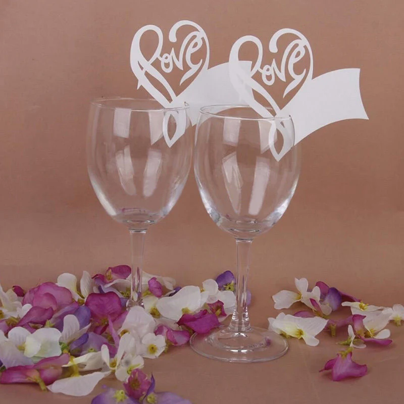 

50pcs Romantic White Love Heart Table Mark Wine Glass Name Place Cards Wedding Party Decor Supplies PT2p