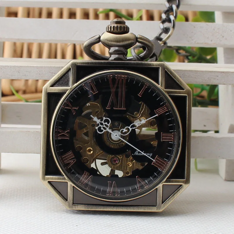 Механический ручной взвод Вырезка карманные часы стимпанк Octagon римскими цифрами Сталь fob Часы Для мужчин часы Для женщин кулон tjx006
