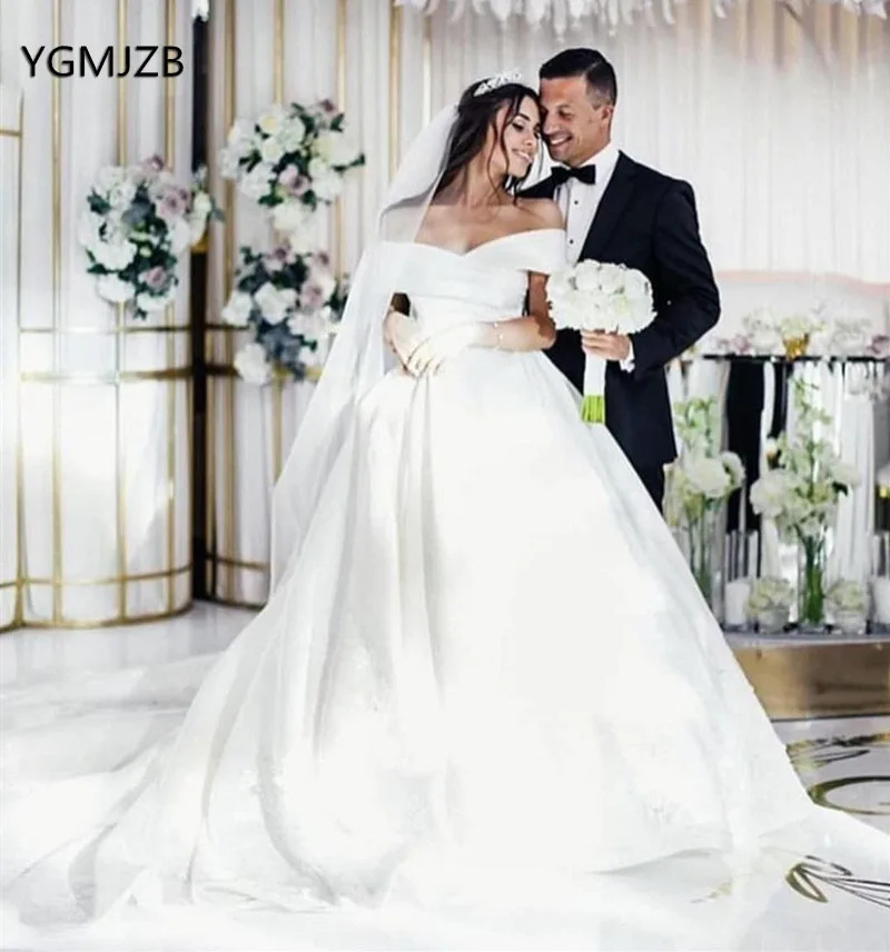 Белое Атласное свадебное платье Vestido De Noiva 2019 бальное с открытыми плечами пышное