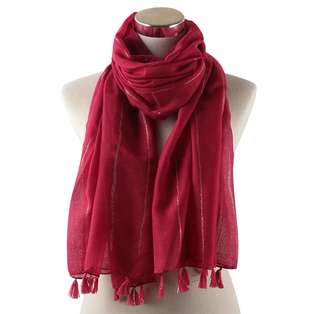 

Winfox Fashion Red Sky Blue Solid Foil Gold Glitter Tassel Women Scarf Shawl Long Warp Scarfs For Ladies