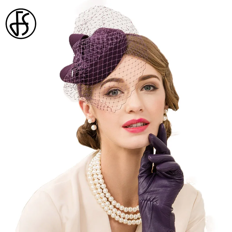 FS 100 Wool Pillbox Hats With Veil For Women Fedora Purple Wedding