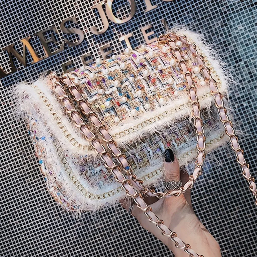 

2019 Winter Tweed Wool Bags Small Designer Handbags Colorful Pearl Crossbody Bags For Women Chains Female Messenger Bags Knit