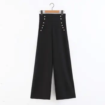 

Black High Waist No Belt Slim Rivet Trim Straight Wide Leg Wild Temperament Trousers Women's Casual Pants 2019 Spring