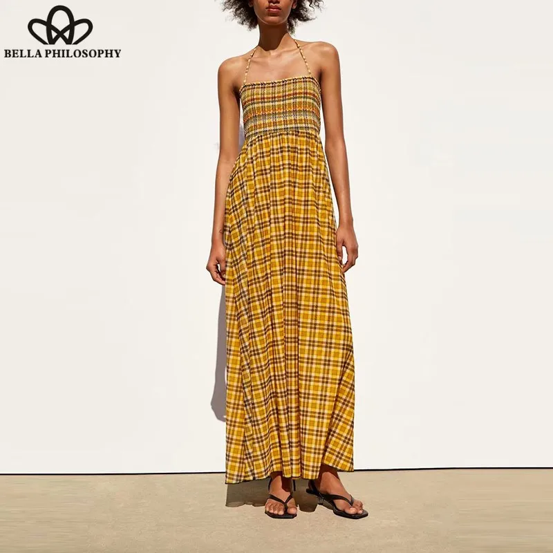 New Summer Halter Long Maxi Dress Vintage Plaid Female Sexy Beach Dress Sundress Holiday Elastic Lady Loose Dress 2019 Wonder