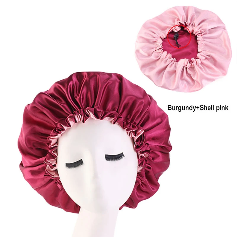 

Fashion New Reversible Satin Bonnet double layer adjustable size Sleep Night Cap Head Cover Bonnet For Curly Springy Hair