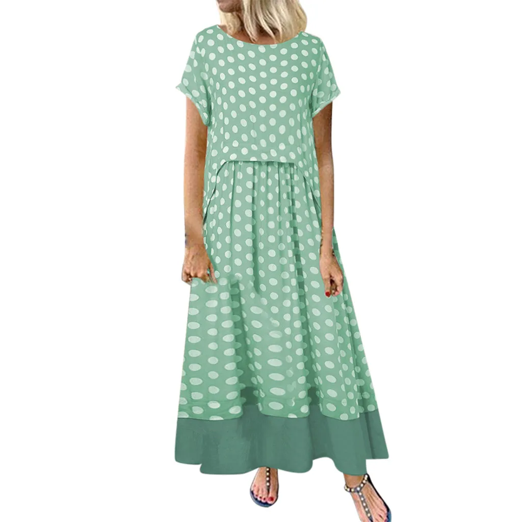 MISSOMO/женское платье большого размера, винтажное платье в горошек, имитация двух частей, Платье макси с круглым вырезом и коротким рукавом, женское летнее платье, одежда для девочек 7 - Цвет: GN