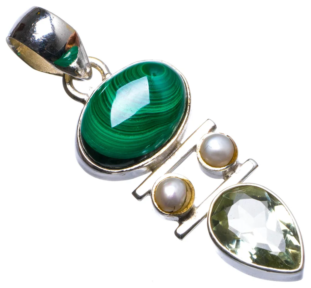 

Natural Malachite,Green Amethyst and River Pearl Handmade Unique 925 Sterling Silver Pendant 1.75" X1232