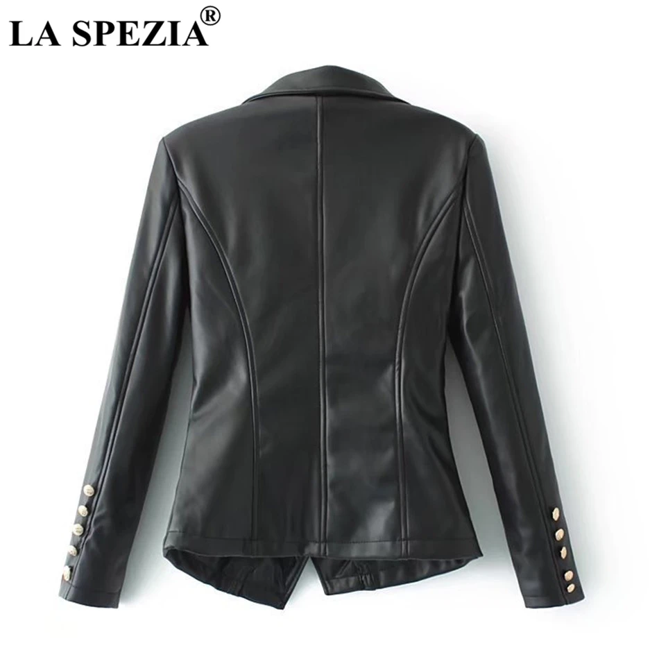 LA SPEZIA Double Breasted Leather Jacket Women Black Motorcycle Coat Female Cool Biker Pockets Punk Autumn Vintage Jackets 2019
