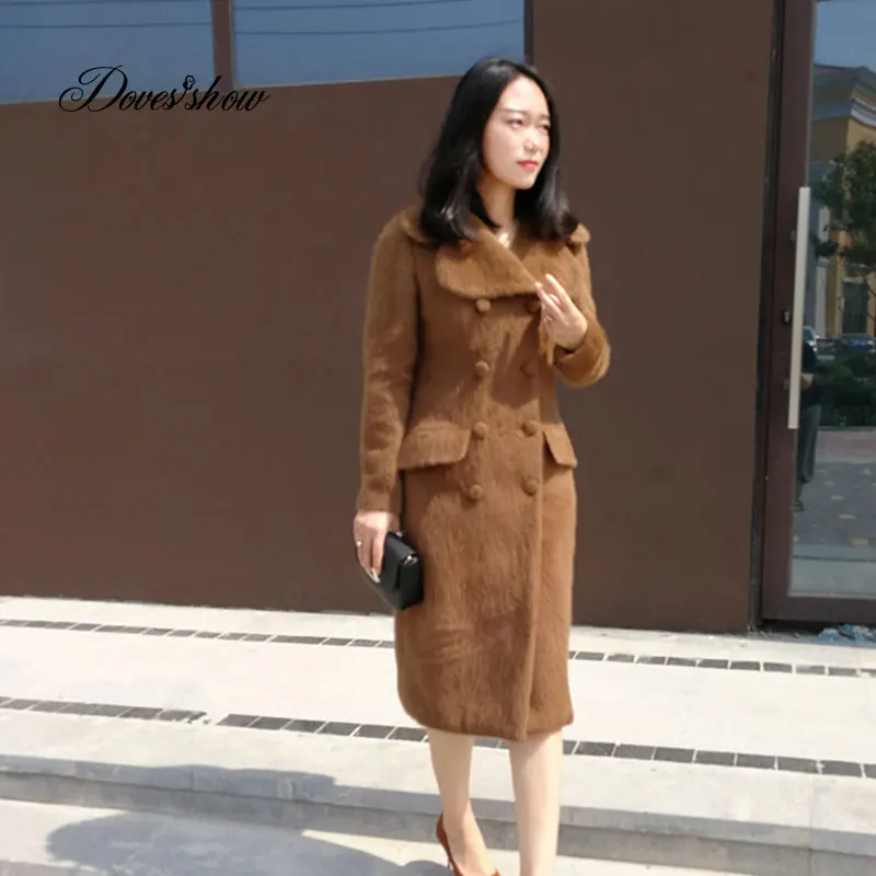 

Slim Brown Double Breasted Women Mink Fur Cashmere Coat Woolen Coat Woman Jacket Winter Overcoat Female Long Outwear Blends