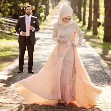 Turkish Islamic Evening Gowns Long Sleeve Hijab Muslim Evening Dresses Heavy Beaded Lace Chiffon Hochzeitskleid Robe de Mariage