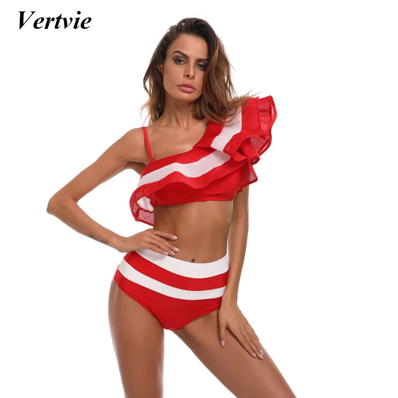 

Vertvie Ruffle Push Up Swimsuit Women Sexy Off Shoulder Puff Sleeve Bikini Set High Waist Swimwear Brazilian Bikini Monokini