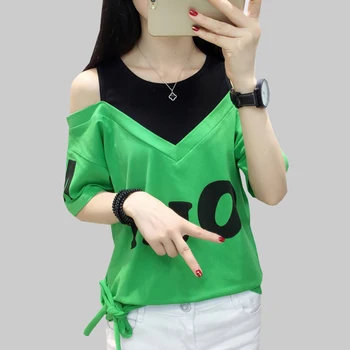 shintimes Bow T-Shirt Off The Shoulder Tops For Women T Shirt Letter Print Tee Woman Clothes 2019 Summer Cotton Tshirt Femme convertible off the shoulder t shirt