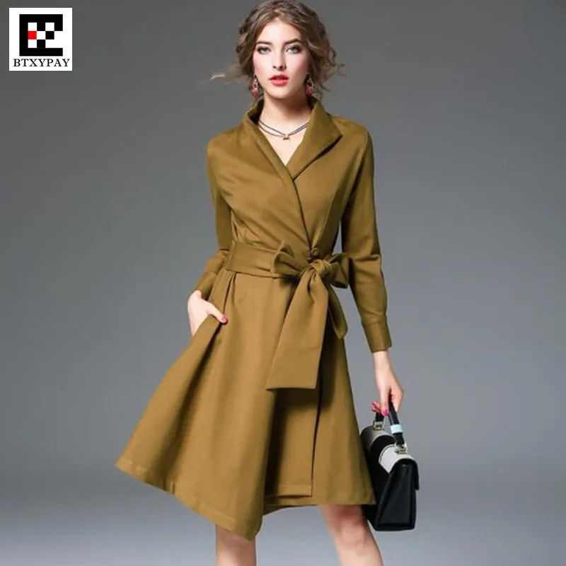 

2017 Europe Fashion Lady Retro Top 420g Roman Cotton Knee-Length A-Line Skirt-style Trench,V-neck Autumn Slim Women Windbreaker