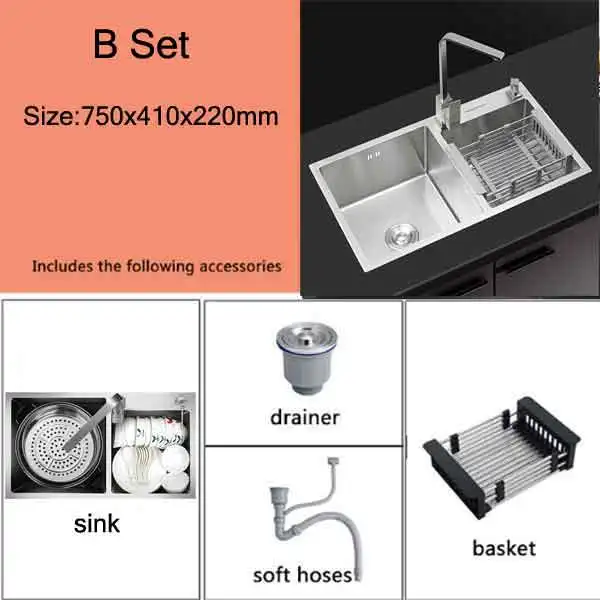 304 Stainless Steel 4MM Thickened Manual Sinks Double bowl Sinks Kitchen sink faucet tap vegetable washing basin Set - Цвет: 7541