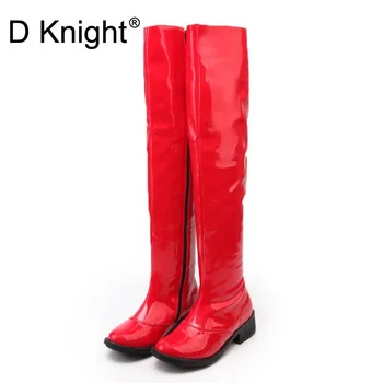 

Sexy Patent Leather Over The Knee Boots For Women New Round Toe Side Zip Women Flat Riding Boots Ladies Steel Pole Dance Boots
