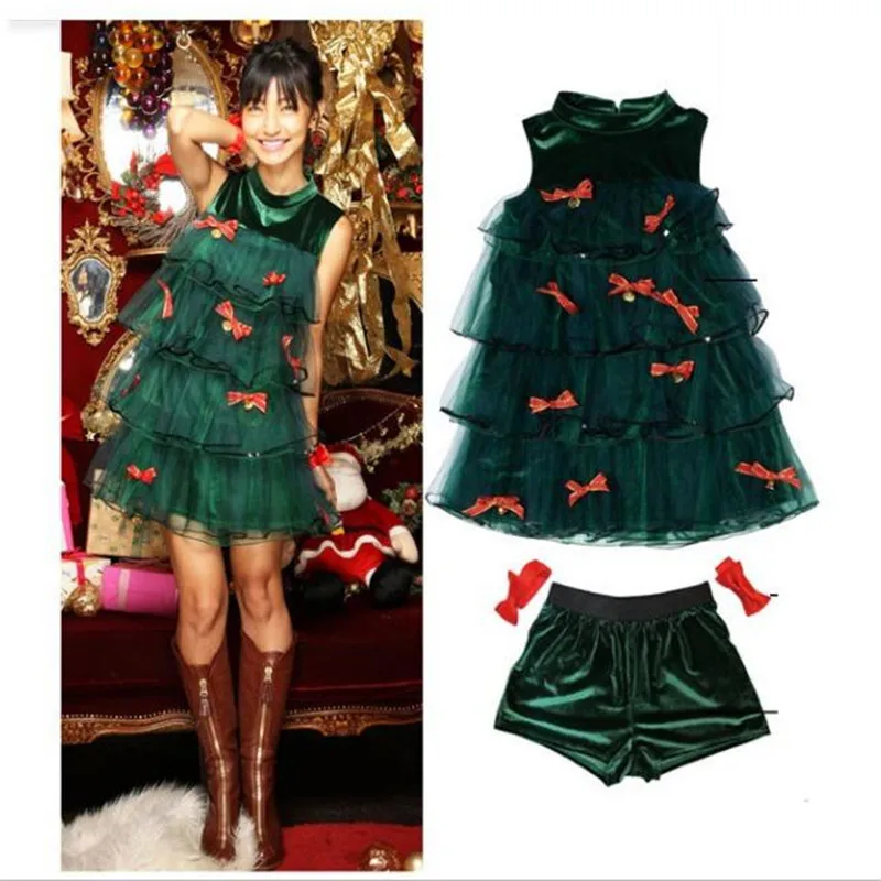 Аниме Санта зеленый Рождественская елка косплей платье Девушка Бант выполнить юбка комплект Рождественская вечеринка Хэллоуин костюм для женщин взрослых