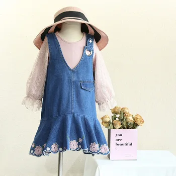 

Girls suit 2018 autumn new girls casual children's clothing embroidered denim skirt with cotton T-shirt two-piece