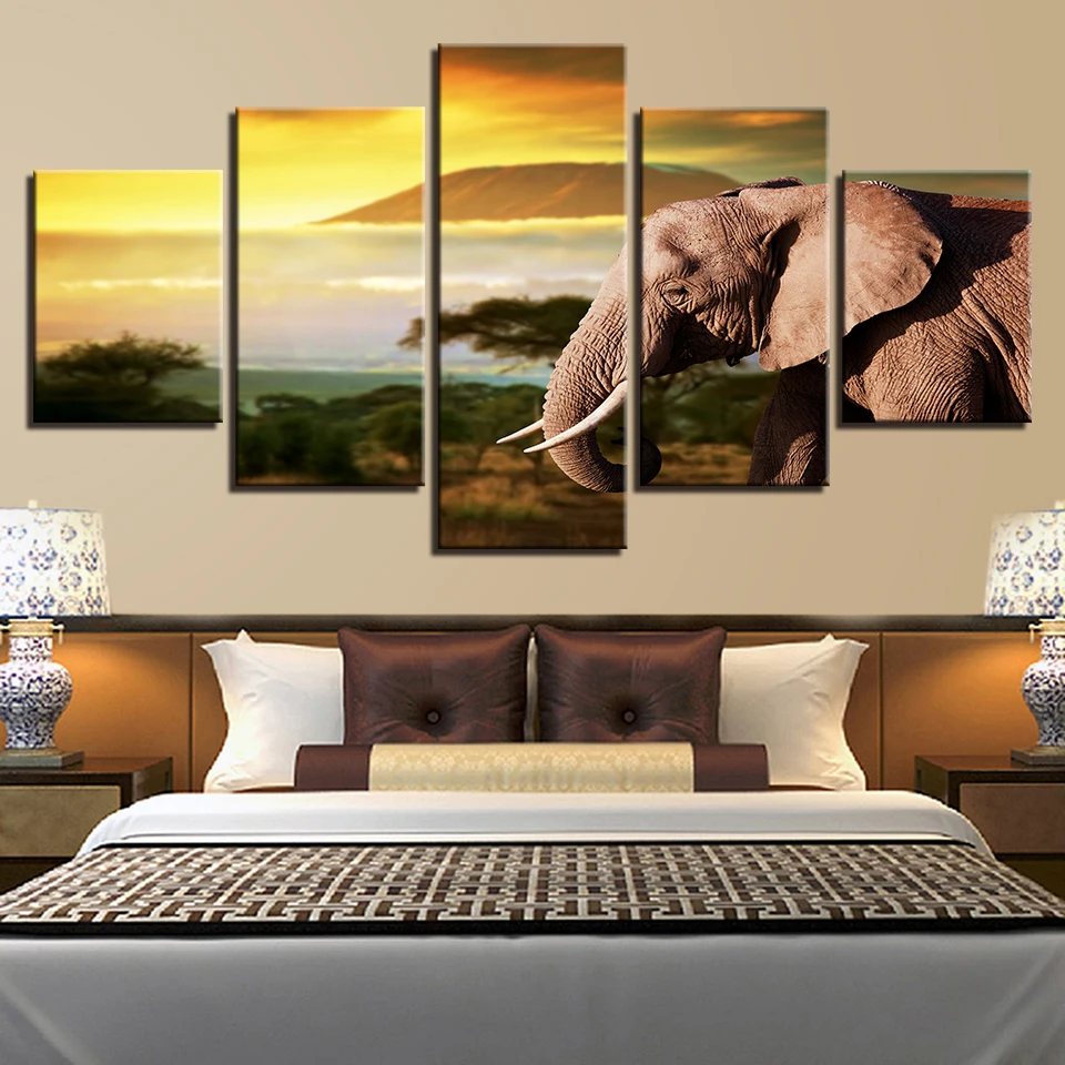 

Poster Modular Canvas Painting HD Printing 5 Pieces Animals Elephant And Tree Island Landscape Pictures Wall Decor Framework Art