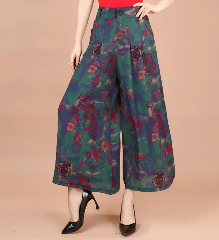 YGYEEG, новинка, женские летние широкие брюки с цветочным принтом, женские льняные Капри, юбка, брюки, женские брюки-кюлоты - Цвет: Watercolor graphic