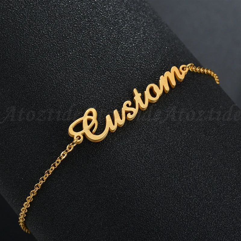 Atoztide Personalized Custom Name Bracelet For Women Stainless Steel Charms Handmade Engraved Handwriting Love Bangle Gift