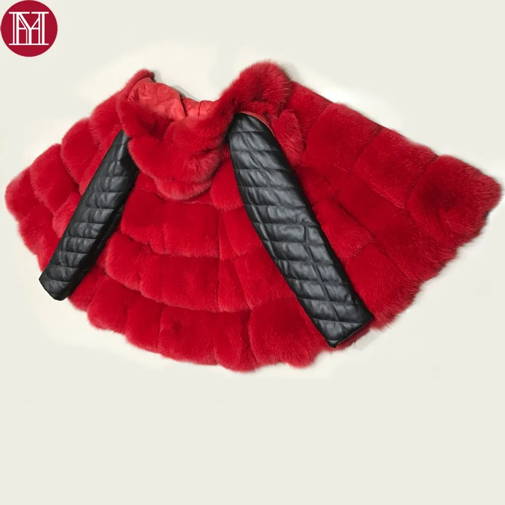 

Natural Real Fox Fur Coat High Quality Hooded 100% Real Fox Fur Overcoat Real Fox Fur Jacket With Real Sleepskin Leather Sleeves