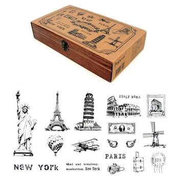 

Cute Mini 15 Pieces Vintage Wooden Rubber Landmark Famous Sightseeing Places Stamps Box Fotos Decor Props For DIY Photo Album