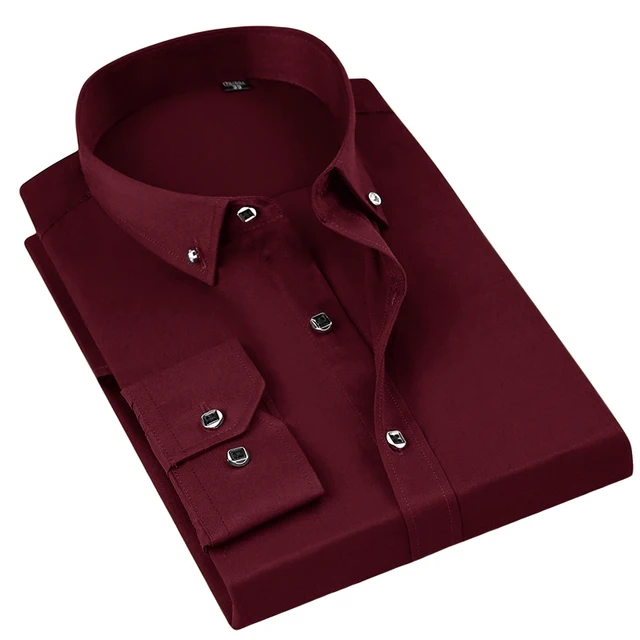 Solid Color Wine Red Diamond Button down Collar Men Dress Shirts Long