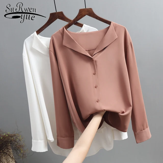 US $10.95 Casual Solid Female Shirts Outwear Tops 2019 Autumn New Women Chiffon Blouse Office Lady V-neck But