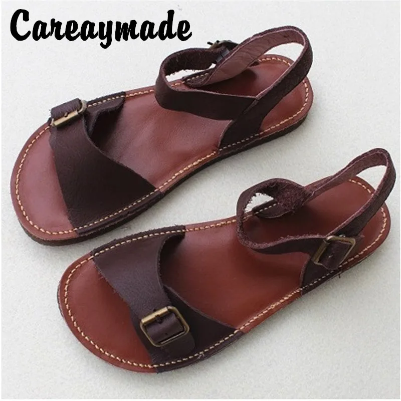 

Careaymade-Head layer cowhide pure handmade Leisure Summer buckle sandals breathable, light soft flat sole, hand-made sandals