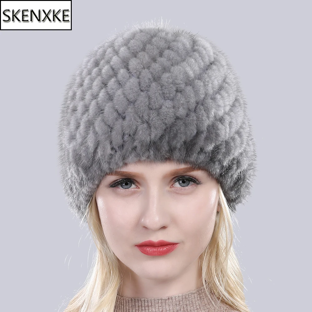 

Russia New Winter Lady Natural Mink Fur Beanies Hat Knit Warm Striped Genuine Mink Fur Caps Women Good Elastic Real Mink Fur Hat
