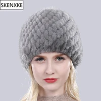 New Winter Lady Natural Mink Fur Beanies Hat Knit Warm Striped Genuine Mink Fur Caps Women Good Elastic Real Mink Fur Hat 1