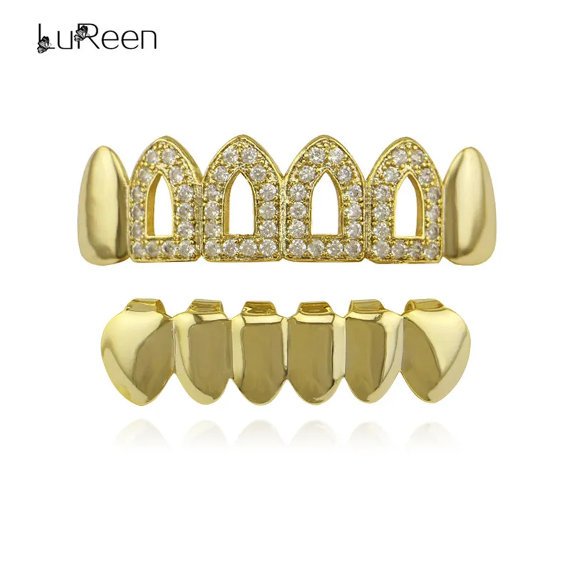 

LuReen New Hollow Open Faced Gold Teeth Grills CZ Micro Pave Top&Bottom Hiphop Grills Dental Vampire Tooth Jewelry Party