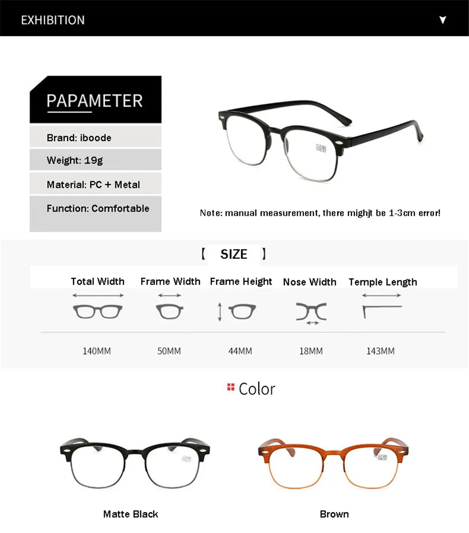Iboode, Ретро стиль, TR90, половинная оправа, очки для чтения, для мужчин и женщин, классические, ультралегкие, для дальнозоркости, очки по рецепту+ 1 1,5 2,5