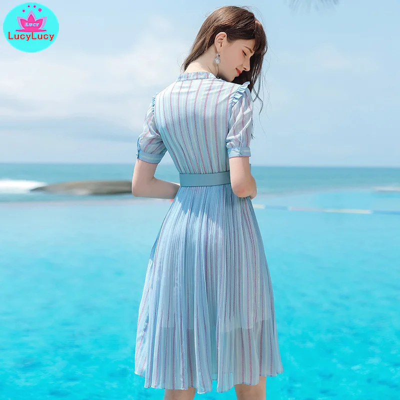 2019 summer new European and American women's   single row striped buckle print lady slim chiffon dress